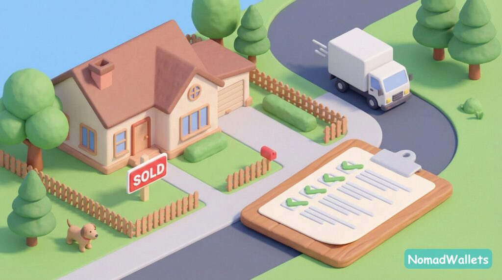 Isometric illustration of a house with a sold sign and a moving truck, representing leaving a high-tax state.