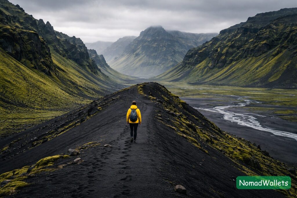 A lone hiker walking through a vast, empty volcanic landscape in Iceland, symbolizing headspace and isolation.