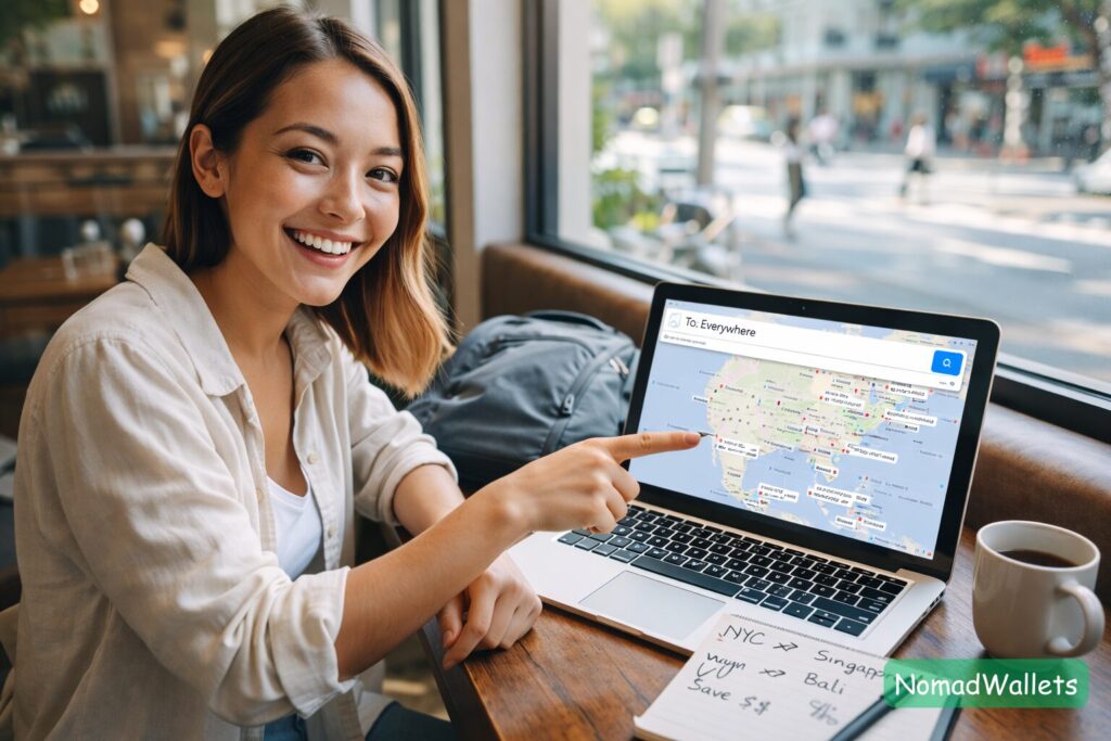 A solo traveler with a carry-on bag looking at a laptop screen showing a flight search map with low prices, illustrating flight hacking tips.