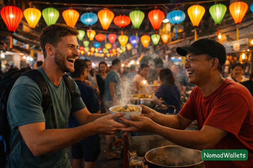 A solo traveler enjoying street food at a bustling night market in Southeast Asia, representing budget-friendly living in places like Vietnam and Thailand.