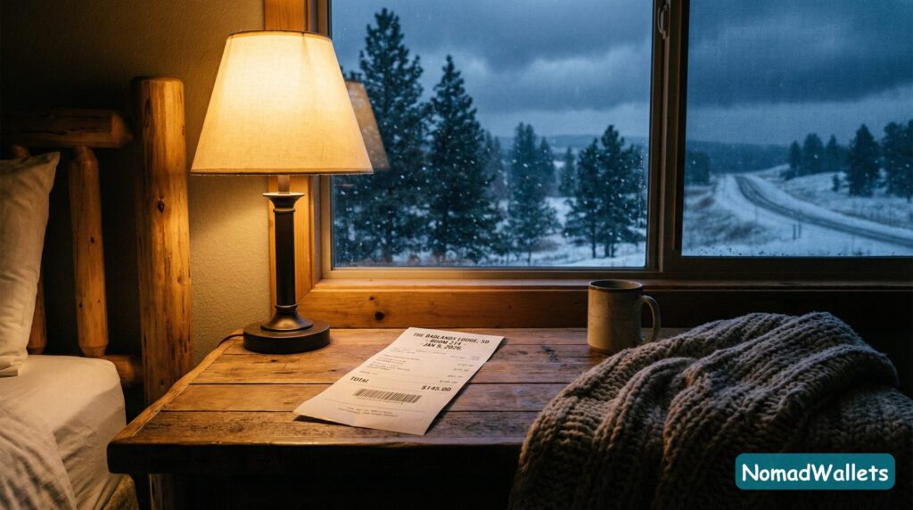 A hotel receipt on a nightstand in a snowy room, symbolizing the one-night stay requirement for South Dakota residency.