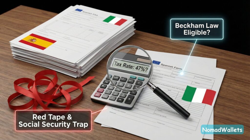 Close-up concept shot of Spanish visa application paperwork and a calculator displaying "Tax Rate: 47%?". A magnifying glass highlights the text "Beckham Law Eligible?" and "Social Security Trap," warning US nomads about hidden costs.