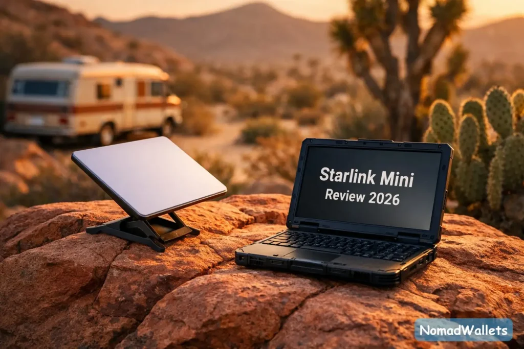 Starlink Mini Review 2026 dish setup on a rock in the desert with title text on a rugged laptop screen.