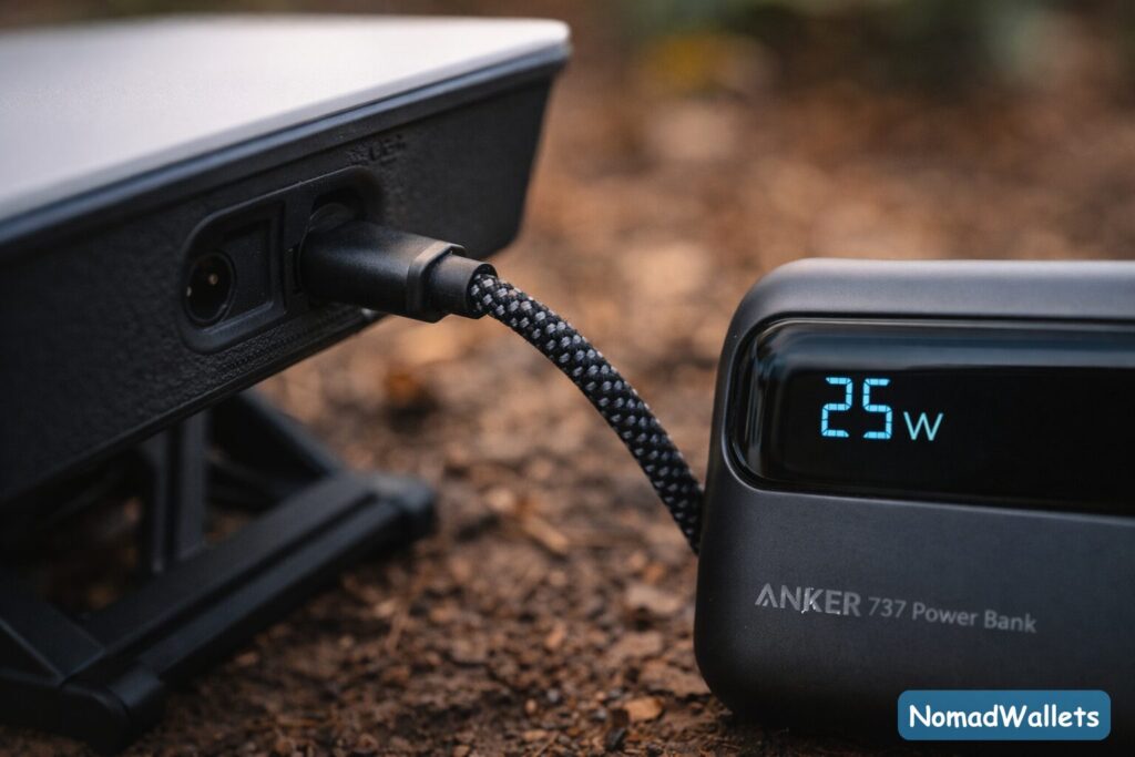 Starlink Mini plugged into an Anker power bank via USB-C cable for off-grid power.