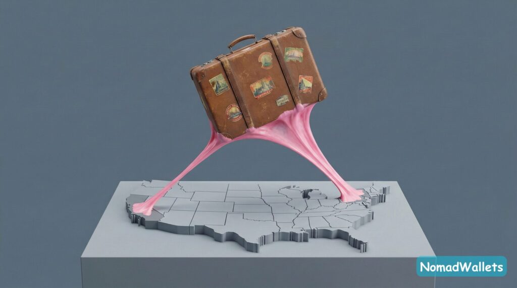 A travel suitcase stuck to a map of the USA by pink bubblegum, symbolizing sticky state tax laws.