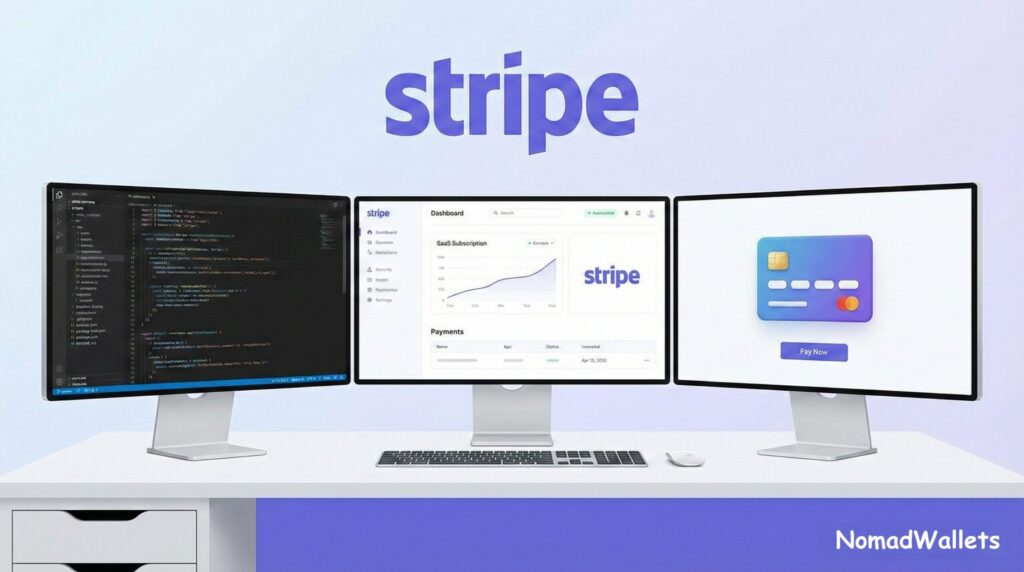 A clean, modern developer's desk with three monitors. One shows code, another a Stripe dashboard with a "SaaS Subscription" graph, and the third has a 3D credit card icon. "NomadWallets" is at the bottom right.