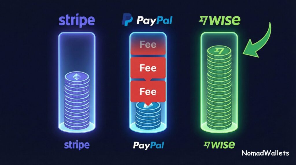 A visual bar chart with three glowing pillars labeled Stripe, PayPal, and Wise. Each pillar has a stack of digital coins, with the PayPal stack being significantly shorter due to large red "Fee" blocks removed, and the Wise stack being the tallest and most complete. "NomadWallets" is at the bottom right.