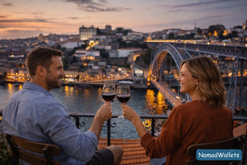 A happy, settled expatriate couple enjoying a glass of wine on a terrace in Portugal, symbolizing a successful move after navigating visas.