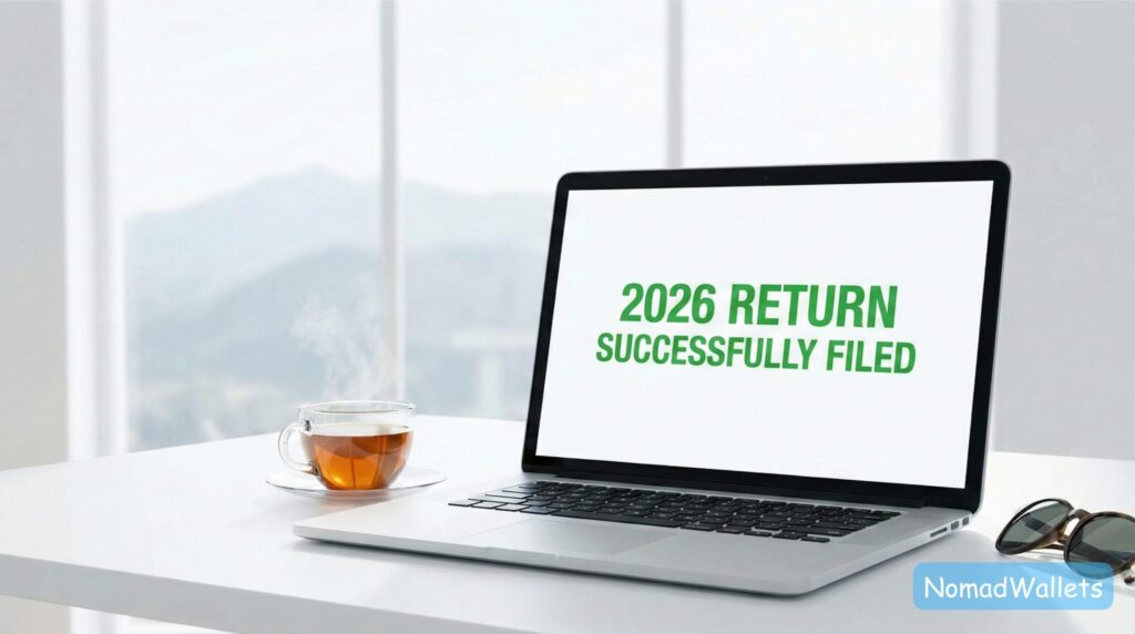 A laptop screen showing a successful tax filing confirmation message in a bright, clean nomad workspace.