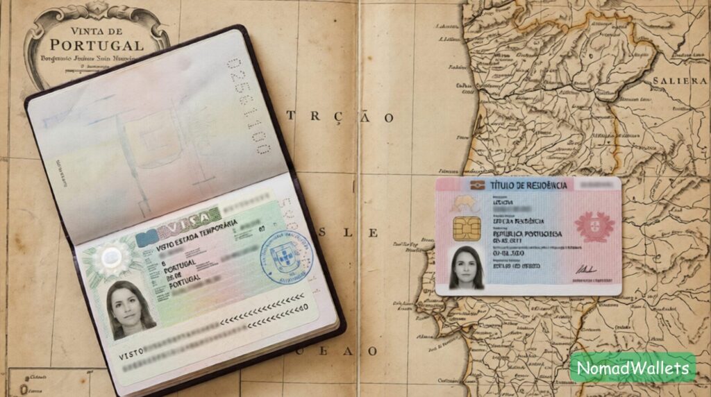 A visual comparison showing a passport with a temporary visa sticker next to a Portuguese plastic residency card, illustrating the two D8 options.