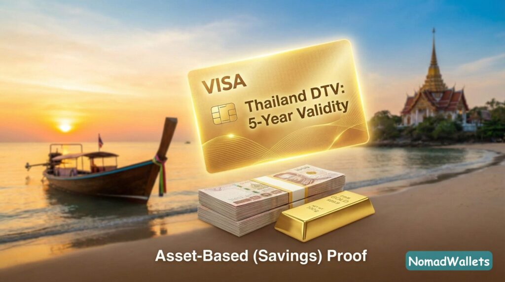 A golden, premium-style credit card floating on a Thai beach labeled "Thailand DTV: 5-Year Validity." Stacks of cash and gold bars sit next to it, representing the asset-based savings requirement rather than monthly salary.