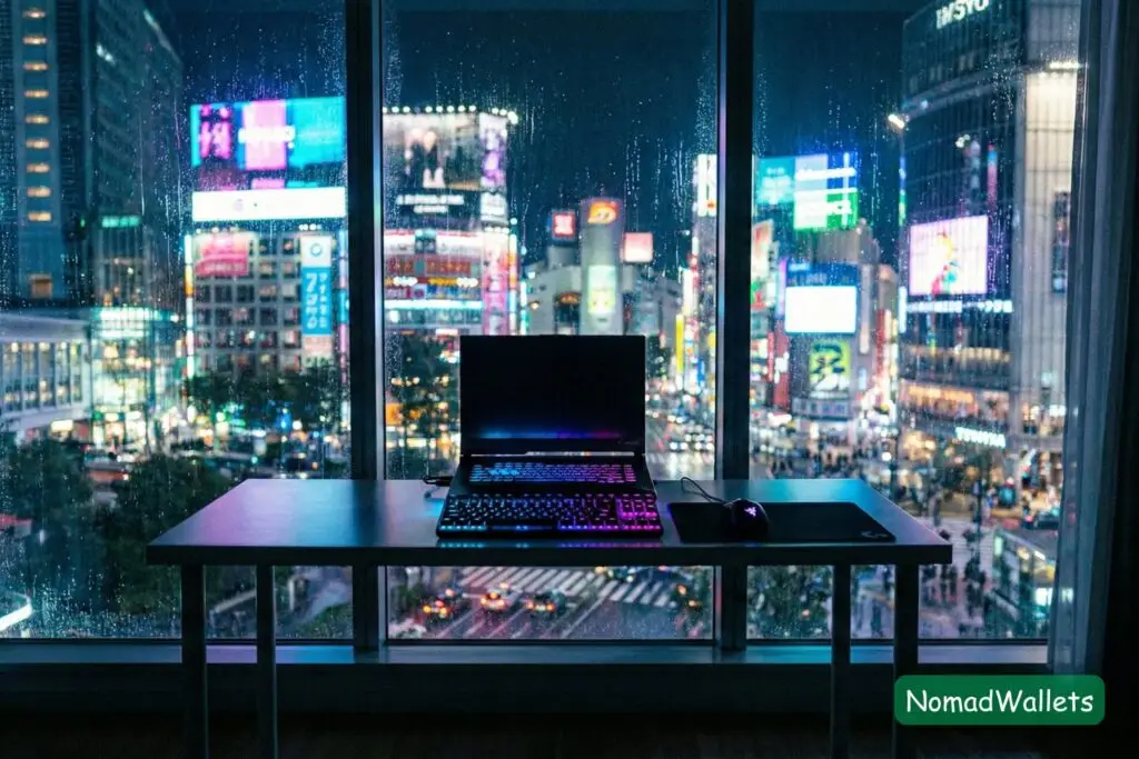 The Ultimate List of Best Solo Travel Destinations for Digital Nomads (2026) 12 A futuristic night shot of a workspace in Tokyo overlooking a neon-lit city skyline.