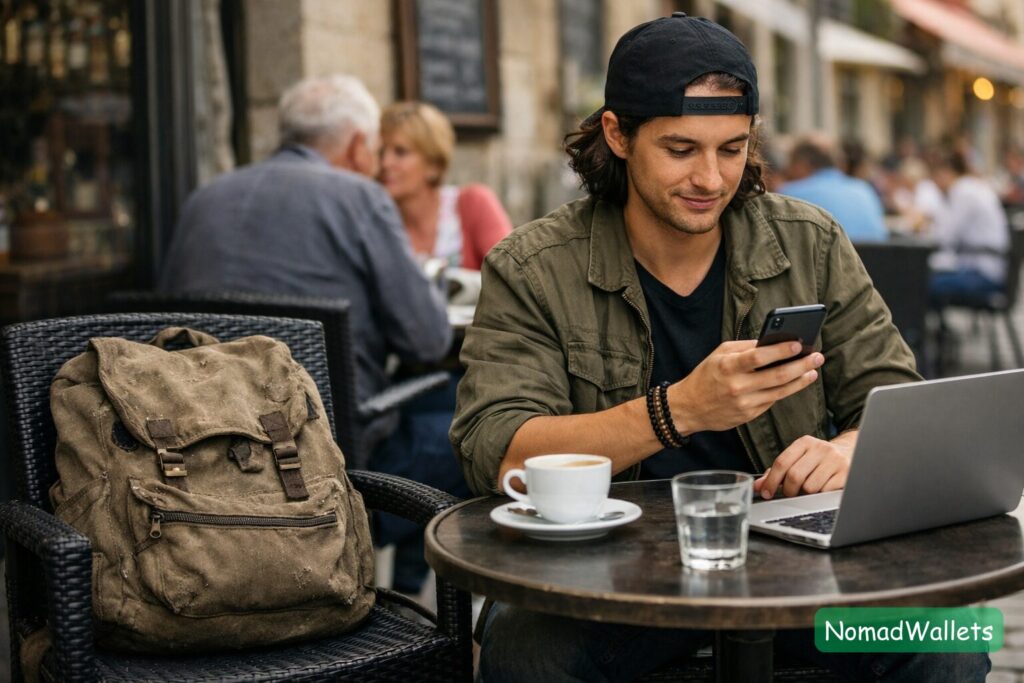 A solo traveler sitting in a cafe with a non-descript, "ugly" canvas backpack, illustrating safety tips for expensive gear.