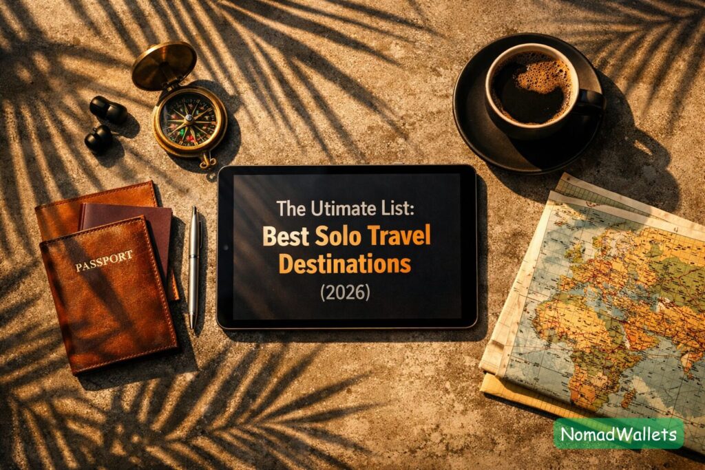 A modern, top-down flat lay of a digital nomad's concrete desk with a tablet displaying "The Ultimate List: Best Solo Travel Destinations (2026)" surrounded by a passport, sunglasses, and a world map.