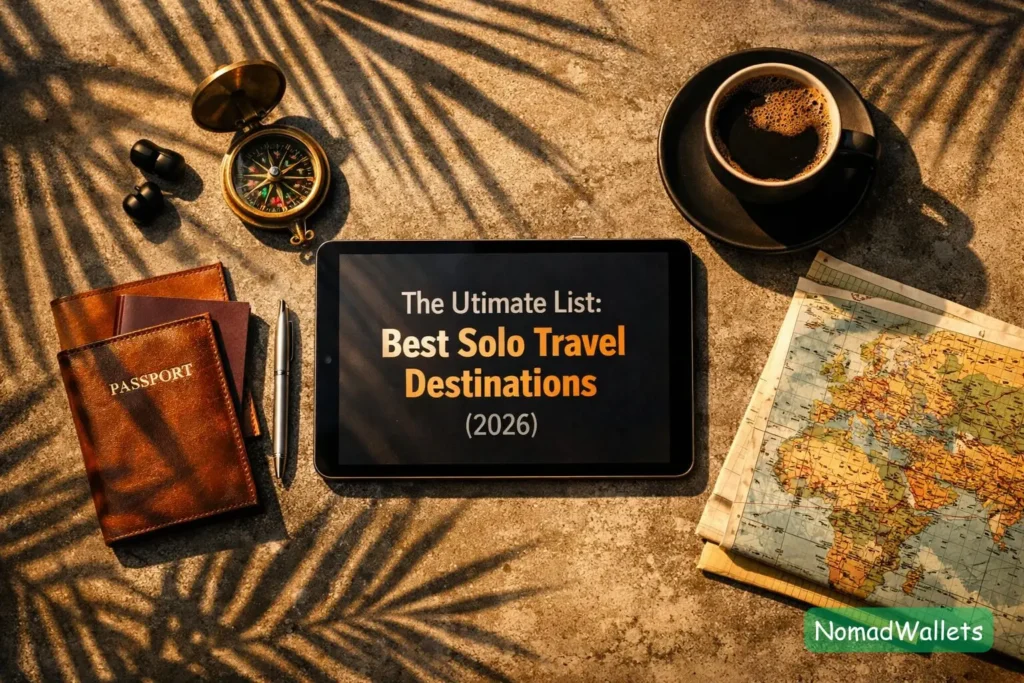 A modern, top-down flat lay of a digital nomad's concrete desk with a tablet displaying "The Ultimate List: Best Solo Travel Destinations (2026)" surrounded by a passport, sunglasses, and a world map.