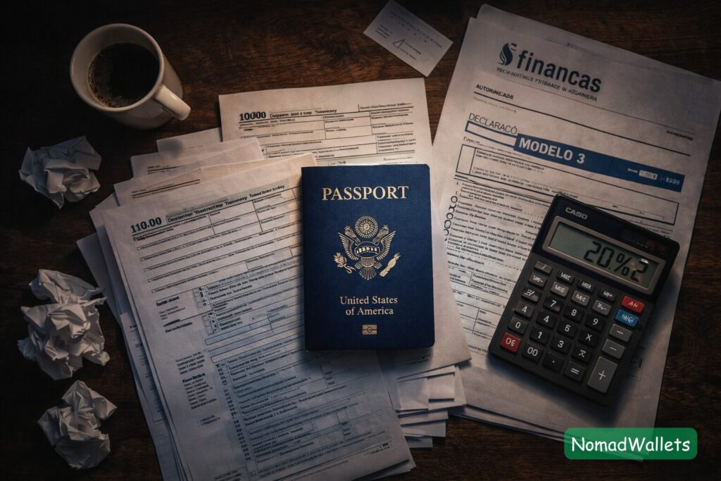 Portugal NHR 2.0 (IFICI) 2026: Can US Digital Nomads Still Pay 20% Tax? 4 A stressful desk scene showing an American passport, IRS tax forms, and Portuguese tax documents, illustrating the complexity for US citizens.