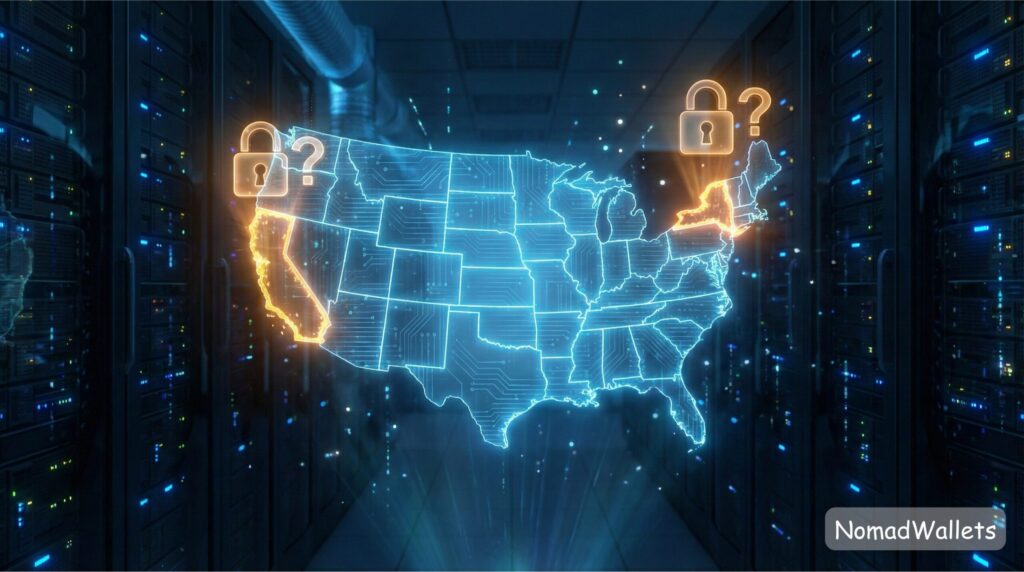 A futuristic holographic map of the USA where the states of New York and California are pulsing with warning amber light, indicating state-level LLC transparency risks despite the federal pause.