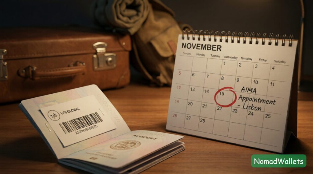 A visual storytelling image showing a passport with a VFS tracking receipt next to a calendar marked for an AIMA appointment in Lisbon.