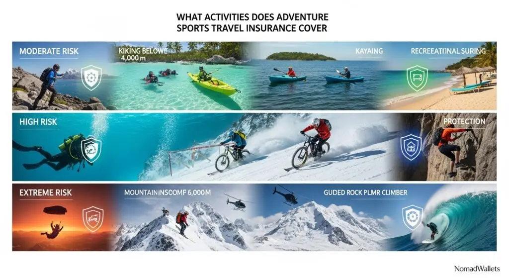 Adventure sports travel insurance coverage for skiing, scuba diving, mountaineering, skydiving and rafting
