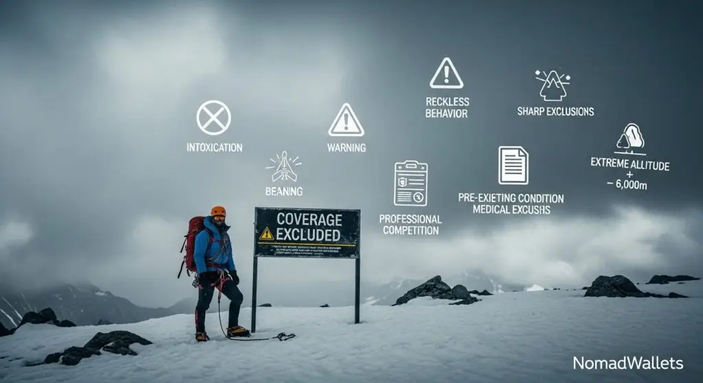 Adventure sports travel insurance exclusions including high altitude, intoxication, and professional competition risks