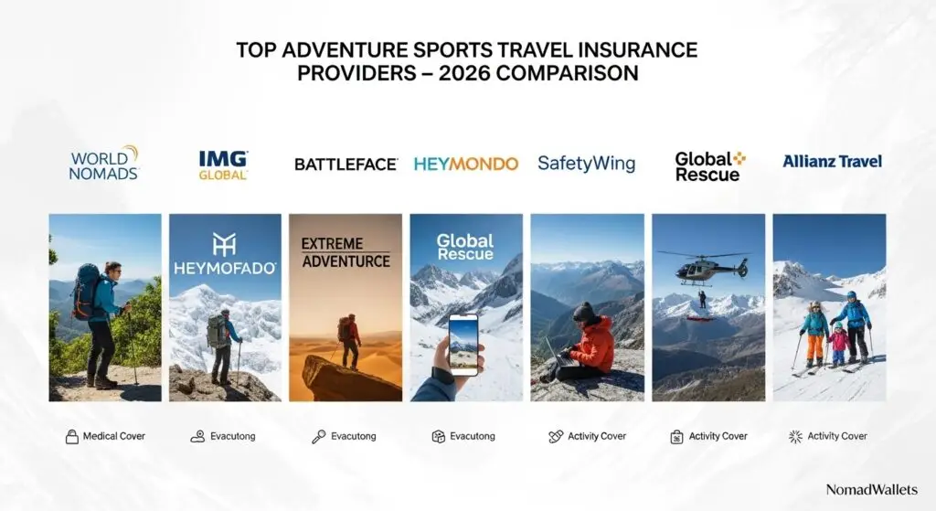 Top adventure sports travel insurance providers comparison for 2026 including World Nomads, IMG, Battleface, Heymondo, SafetyWing, Global Rescue and Allianz