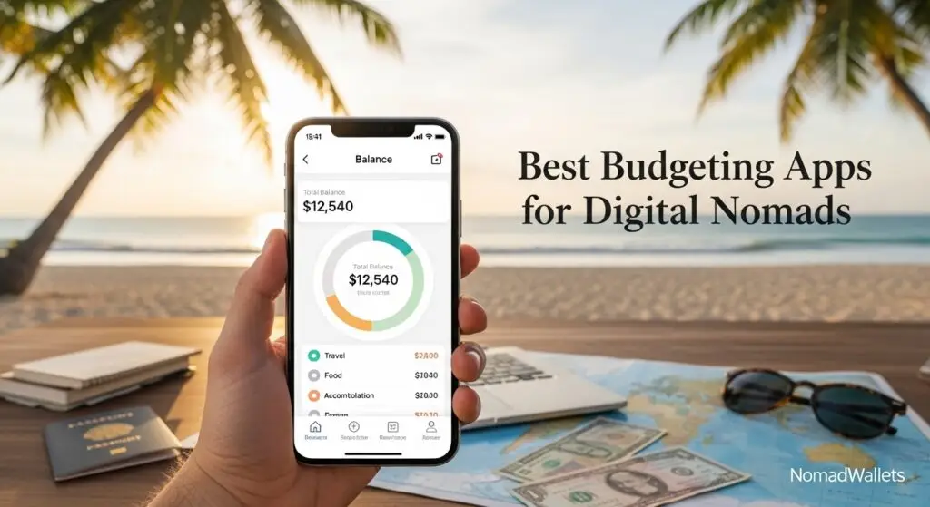 Best Budgeting Apps for Digital Nomads (US, UK & EU 2026 Guide) 5 Best budgeting apps for digital nomads shown on a smartphone at a tropical remote work setup with travel essentials.