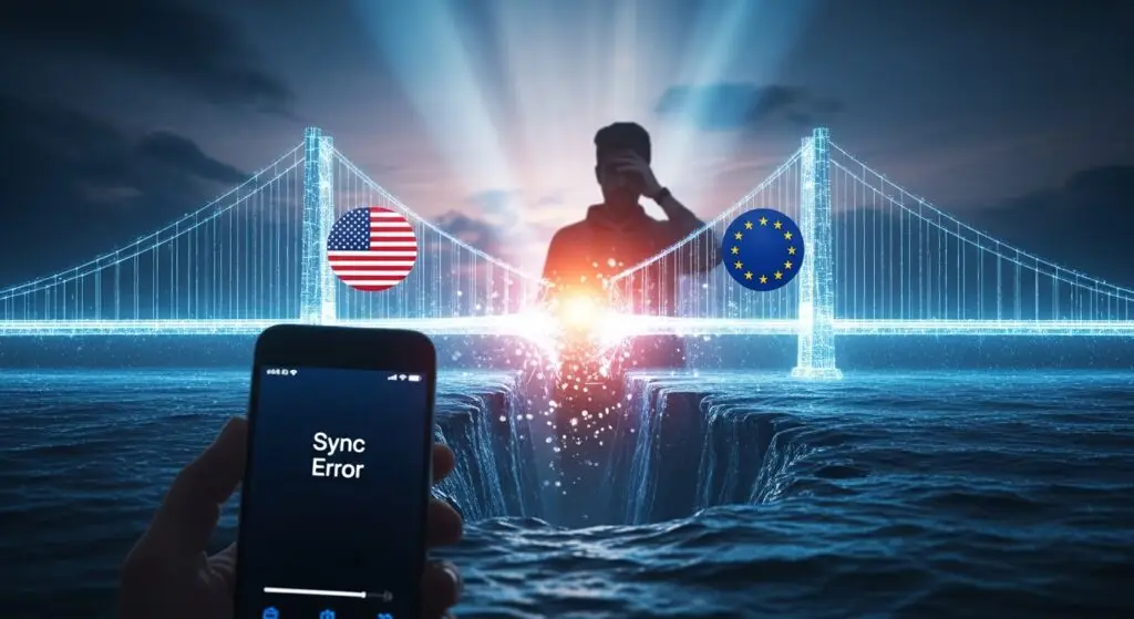 Best Budgeting Apps for Digital Nomads (US, UK & EU 2026 Guide) 6 A creative 3D image of a "broken" digital bridge between a US bank and an EU bank, representing sync errors.