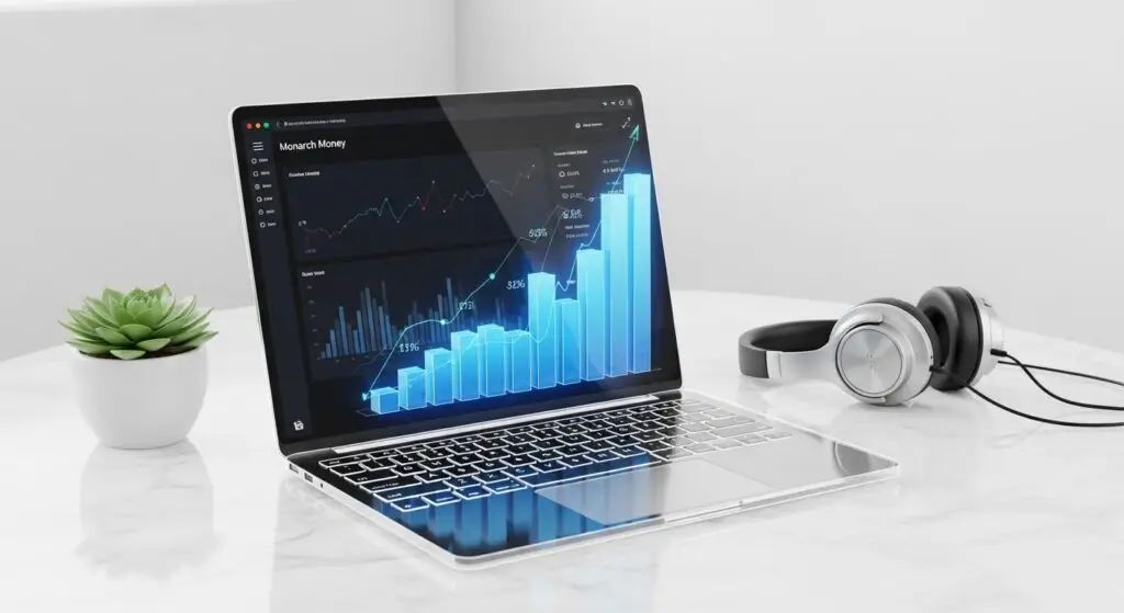 Best Budgeting Apps for Digital Nomads (US, UK & EU 2026 Guide) 8 A futuristic glass desk with a holographic projection of financial growth charts and US bank icons.