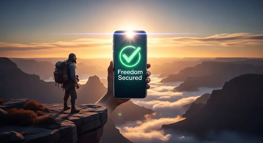 Best Budgeting Apps for Digital Nomads (US, UK & EU 2026 Guide) 14 A digital nomad standing on a mountain peak, holding a smartphone that shows a "Budget On Track" checkmark.