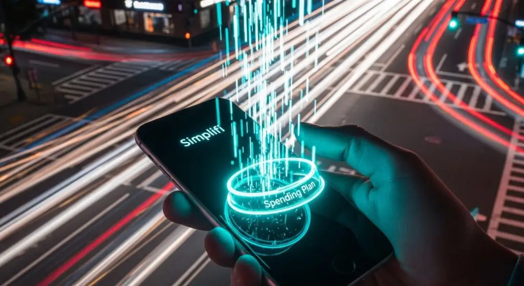 Best Budgeting Apps for Digital Nomads (US, UK & EU 2026 Guide) 9 A smartphone showing a glowing "Safe to Spend" ring reflected in the glass of a New York skyscraper.