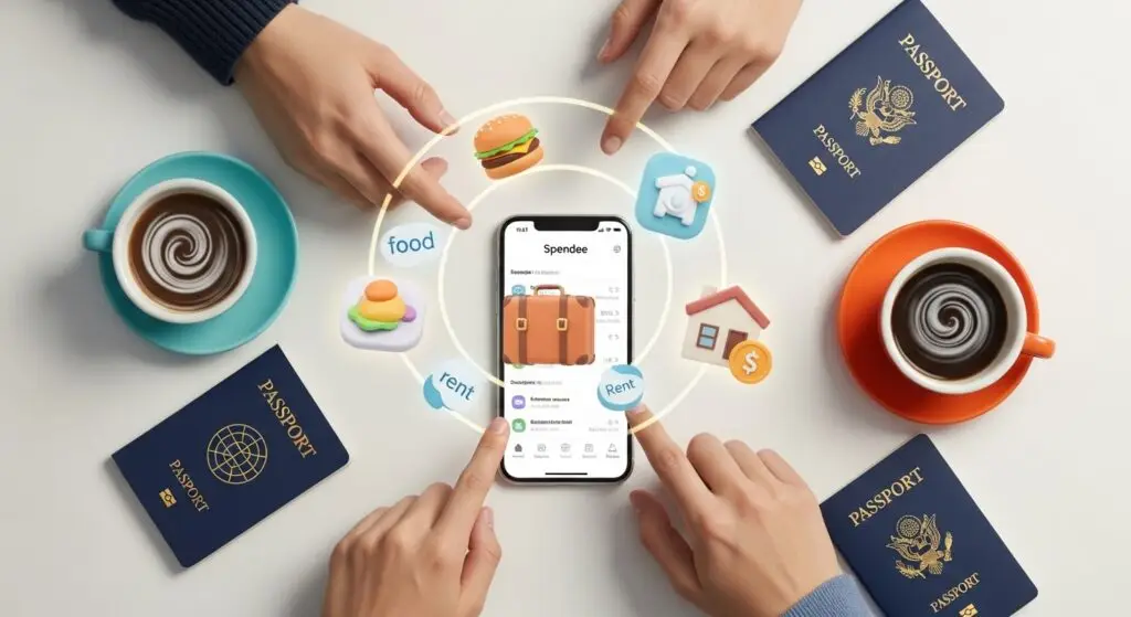 Best Budgeting Apps for Digital Nomads (US, UK & EU 2026 Guide) 12 Two pairs of hands reaching for one glowing smartphone, showing a shared budget icon.
