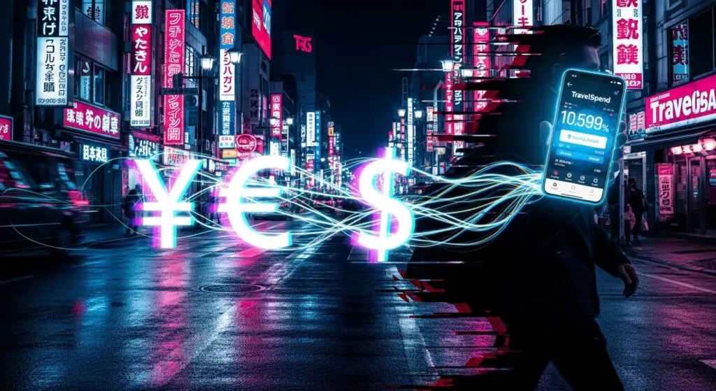 Best Budgeting Apps for Digital Nomads (US, UK & EU 2026 Guide) 10 A high-speed shot of a traveler logging expenses with multiple currency symbols floating in the air.