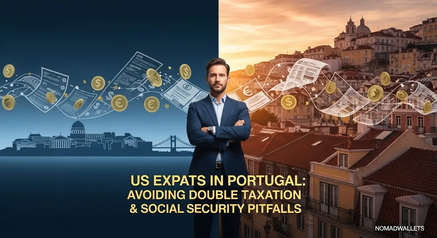 US expats in Portugal tax guide hero image showing US and Lisbon skyline with double taxation theme