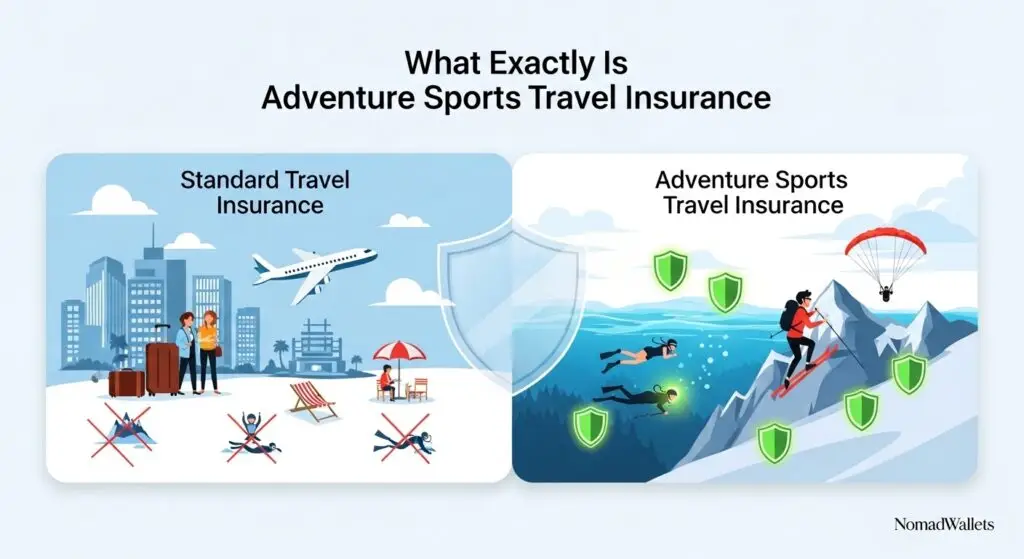 Explanation of adventure sports travel insurance coverage compared to standard travel insurance