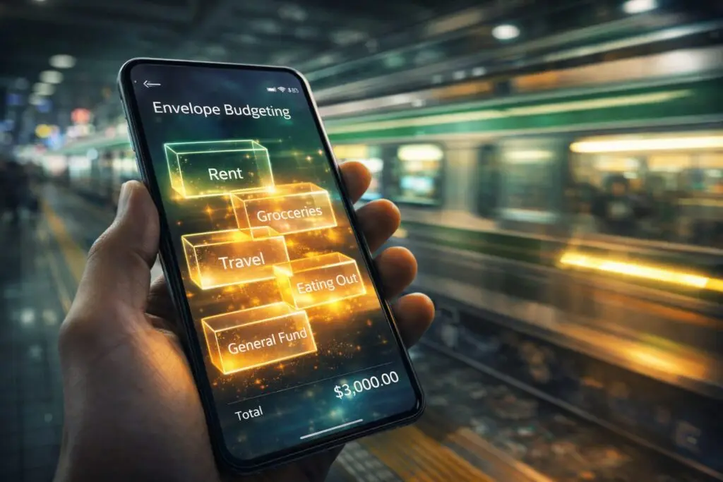 Best Budgeting Apps for Digital Nomads (US, UK & EU 2026 Guide) 7 A stylized 3D representation of a "Money Fortress" being built inside a smartphone app amidst the chaos of a busy airport.