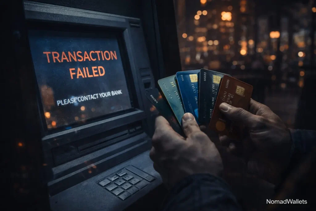 Dubai Exit Plan for Digital Nomads (2026): Emergency Guide If Flights Get Cancelled 8 ATM transaction failure travel emergency money access digital nomads banking risk