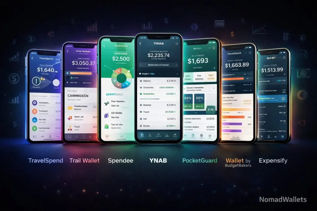 Seven best digital nomad budget tracking apps 2026 including TravelSpend Trail Wallet Spendee YNAB PocketGuard Wallet by BudgetBakers and Expensify