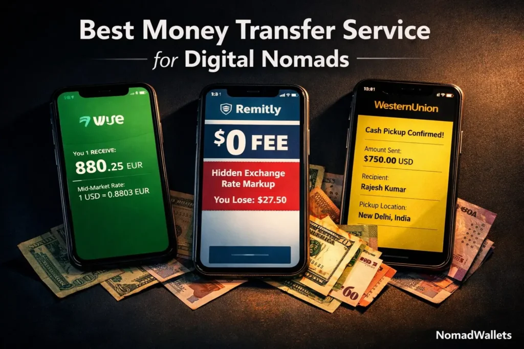 Best Money Transfer Service for Digital Nomads (2026): Wise vs Remitly vs Western Union 2 Best money transfer service for digital nomads 2026 comparing Wise Remitly and Western Union app interfaces with real cost data