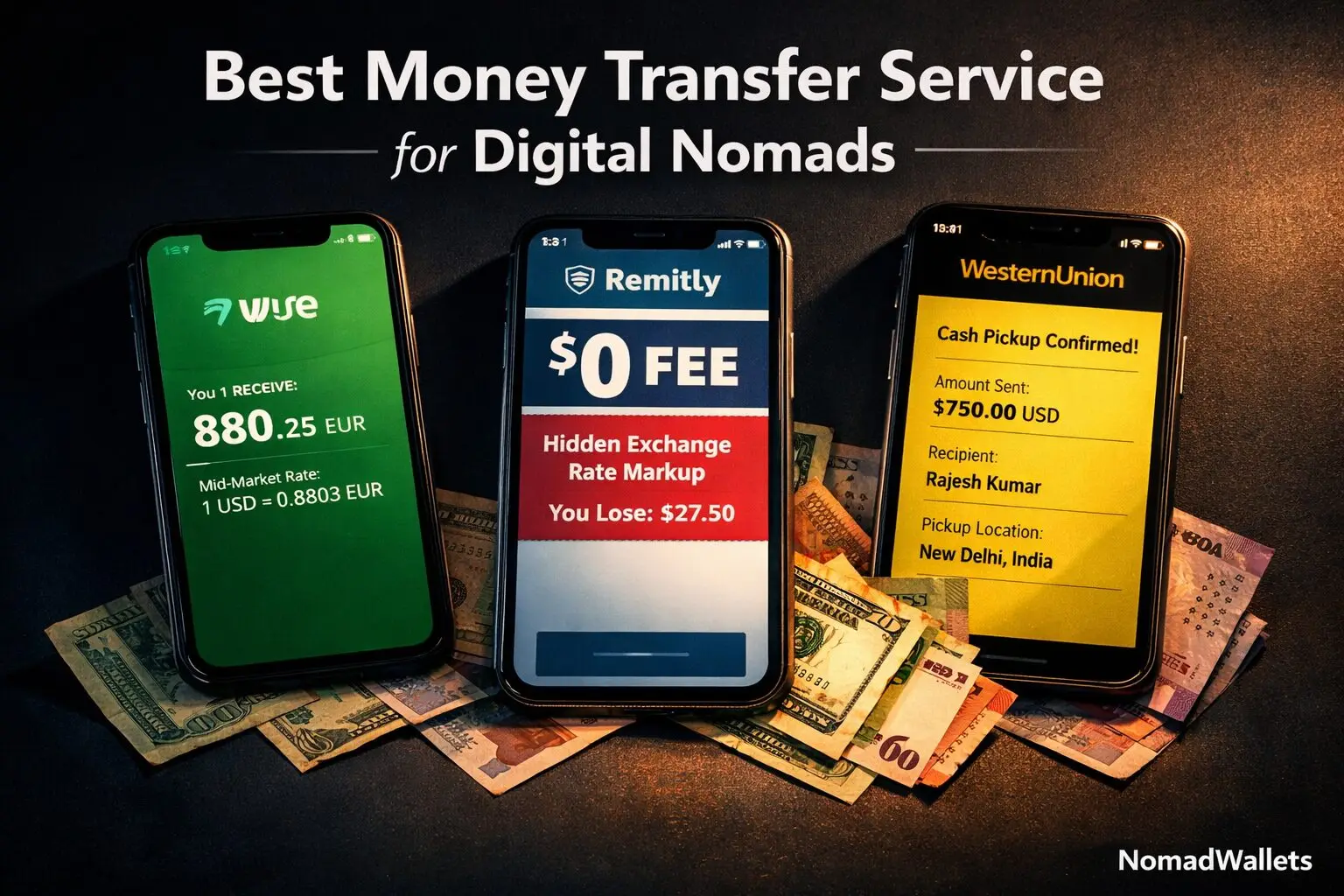 Best money transfer service for digital nomads 2026 comparing Wise Remitly and Western Union app interfaces with real cost data