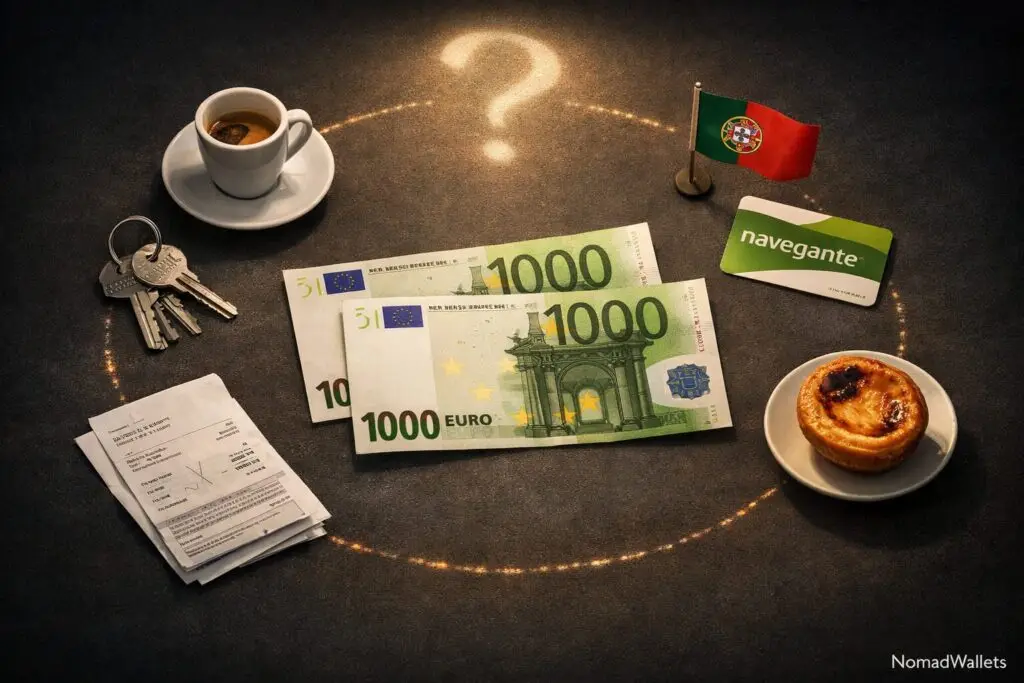 Cost of Living in Portugal 2026: A Realistic Budget for Nomads 6 Can you live in Portugal on 2000 euros a month showing euro banknotes with everyday Portuguese life expenses including rent transport and food