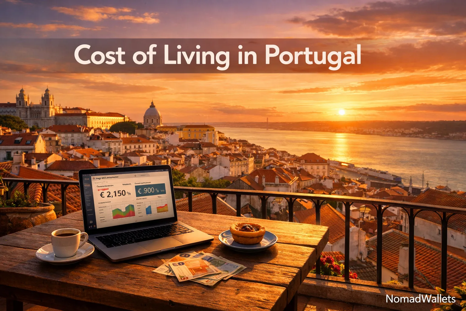 Cost of living in Portugal 2026 showing Lisbon rooftop terrace with budget dashboard laptop and euro notes for digital nomads