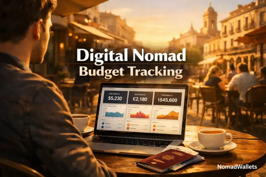 Digital nomad budget tracking on laptop at European café with multi-currency dashboard