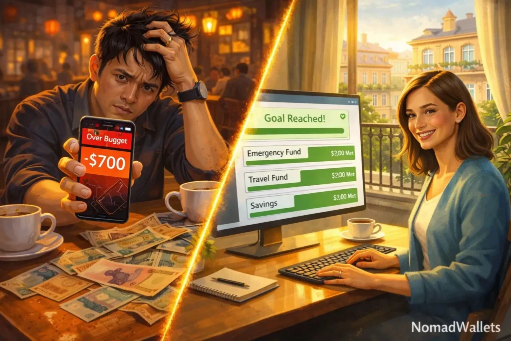 Digital nomad budget tracking real world story contrasting cash overspending in Vietnam versus successful YNAB savings goal in Tbilisi