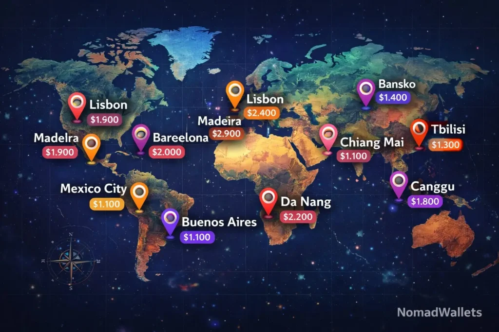 Digital nomad geo-arbitrage world map showing monthly cost of living across top nomad cities in 2026