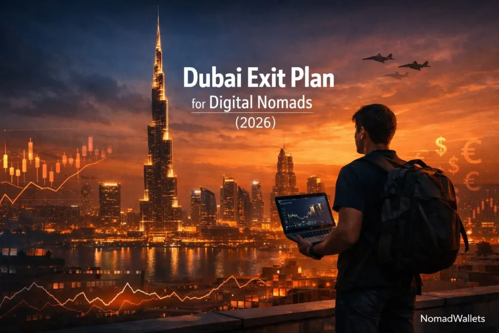 Dubai Exit Plan for Digital Nomads (2026): Emergency Guide If Flights Get Cancelled 5 Dubai exit plan for digital nomads 2026 crisis preparedness skyline fintech illustration