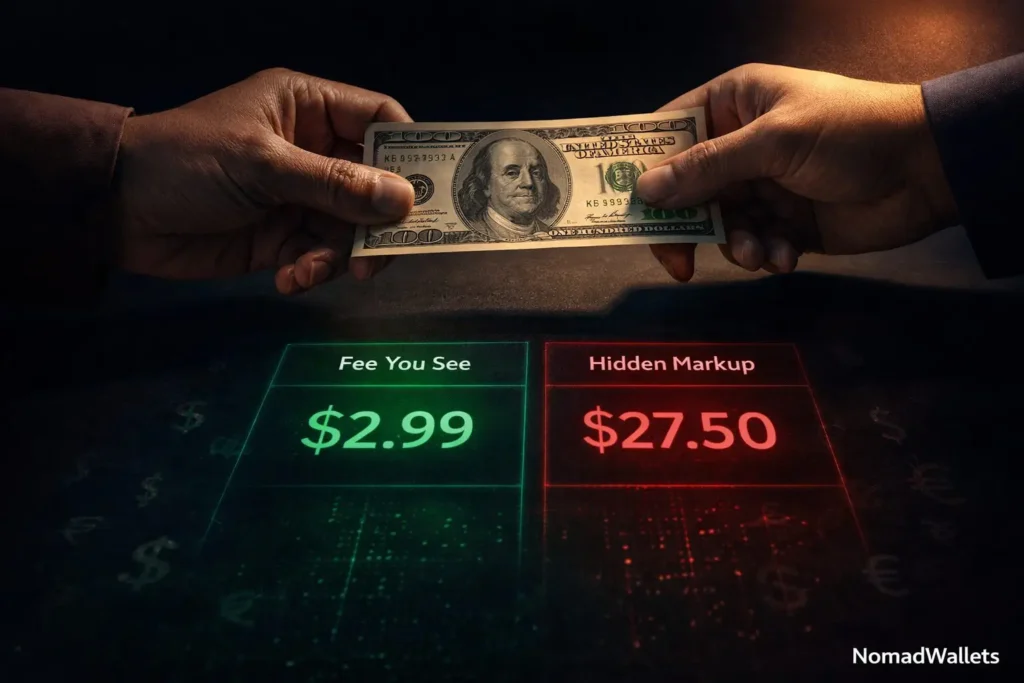 Best Money Transfer Service for Digital Nomads (2026): Wise vs Remitly vs Western Union 6 Hidden cost of international money transfers showing the gap between advertised fee and real FX markup for digital nomads