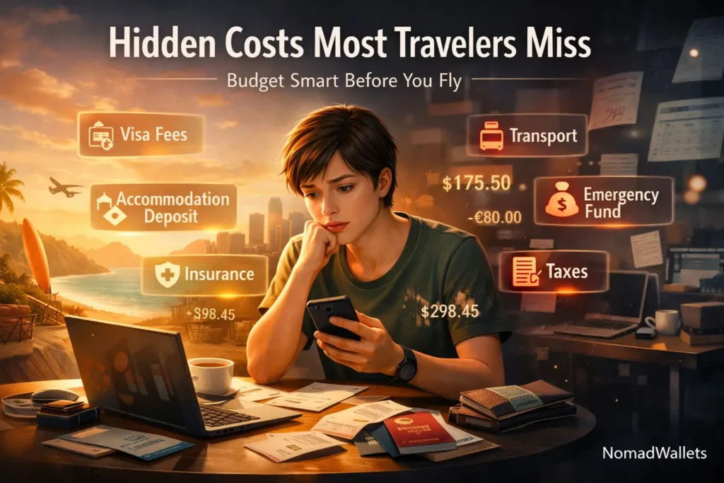 Traveler reviewing expenses with floating hidden cost icons like visa fees, insurance, and deposits in a modern cinematic style