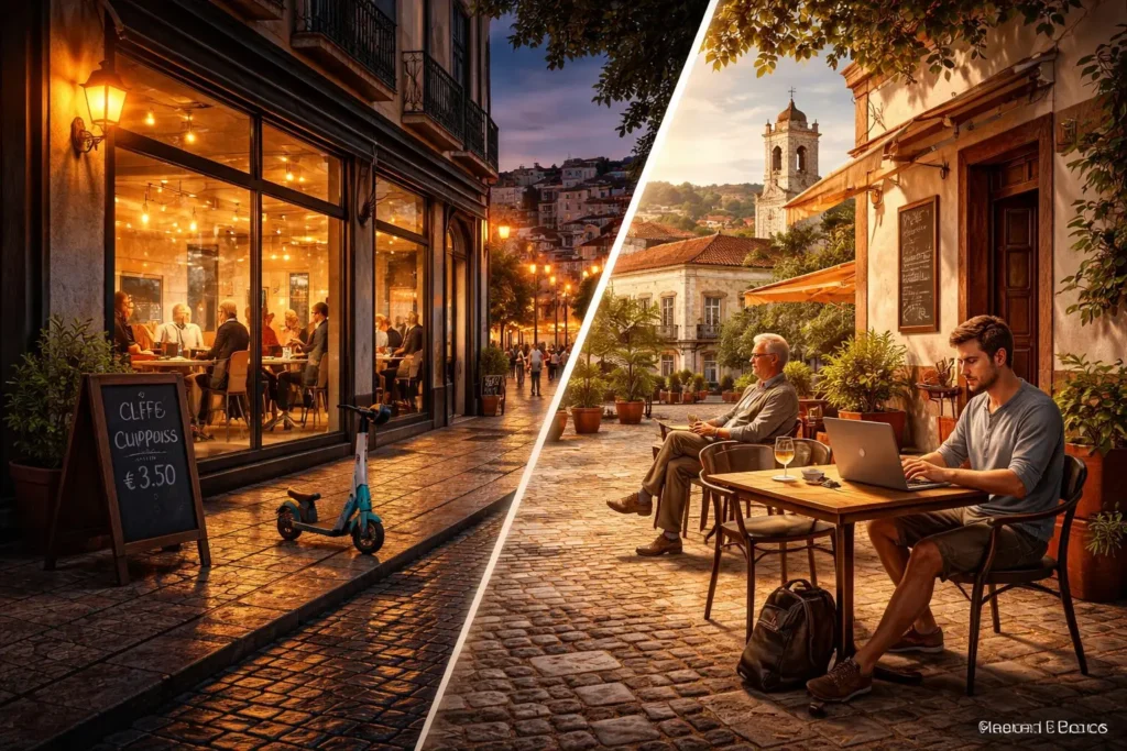 Cost of Living in Portugal 2026: A Realistic Budget for Nomads 9 Tale of two Portugals showing expensive modern Lisbon lifestyle versus affordable authentic Braga and Alentejo for digital nomads and expats in 2026