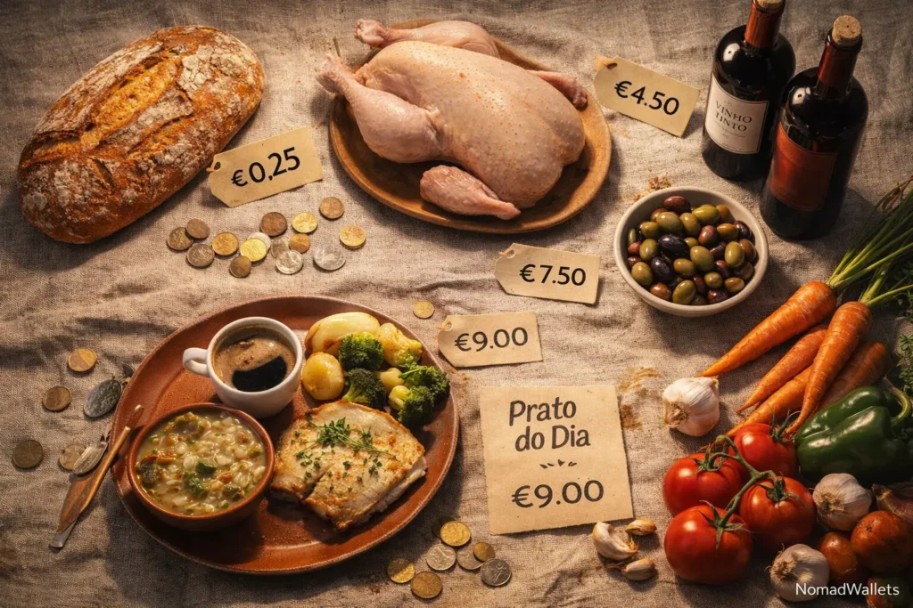 Cost of Living in Portugal 2026: A Realistic Budget for Nomads 7 Portugal groceries and dining cost breakdown 2026 showing real prices for bread wine chicken and Prato do Dia for digital nomads