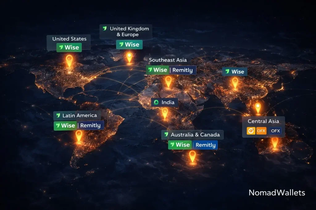 Best Money Transfer Service for Digital Nomads (2026): Wise vs Remitly vs Western Union 12 Regional playbook map showing the best money transfer service for digital nomads by location including US UK Southeast Asia India Latin America and Africa